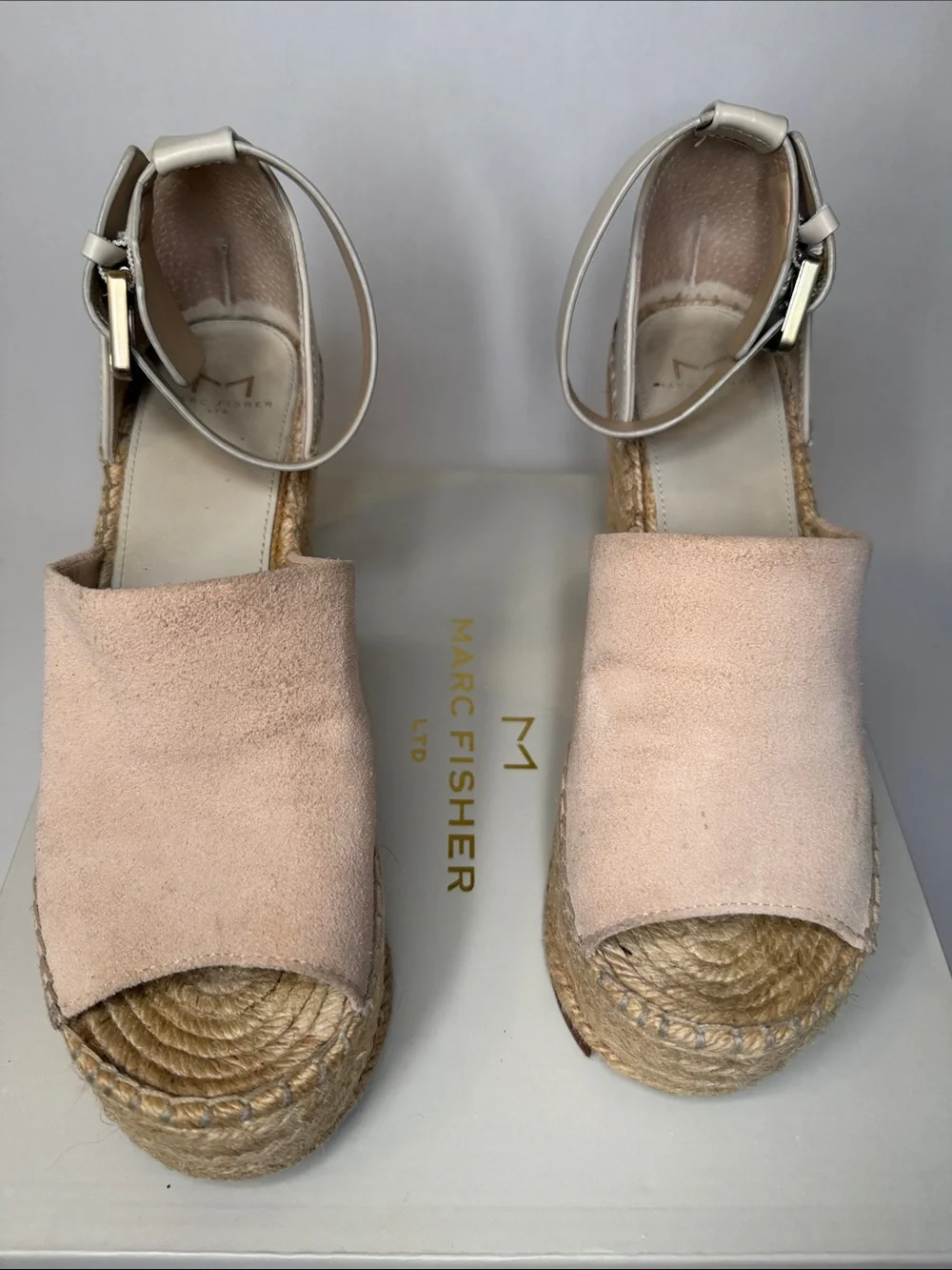 Marc Fisher Blush Suede Espadrille Wedge Sandals with Ankle Strap